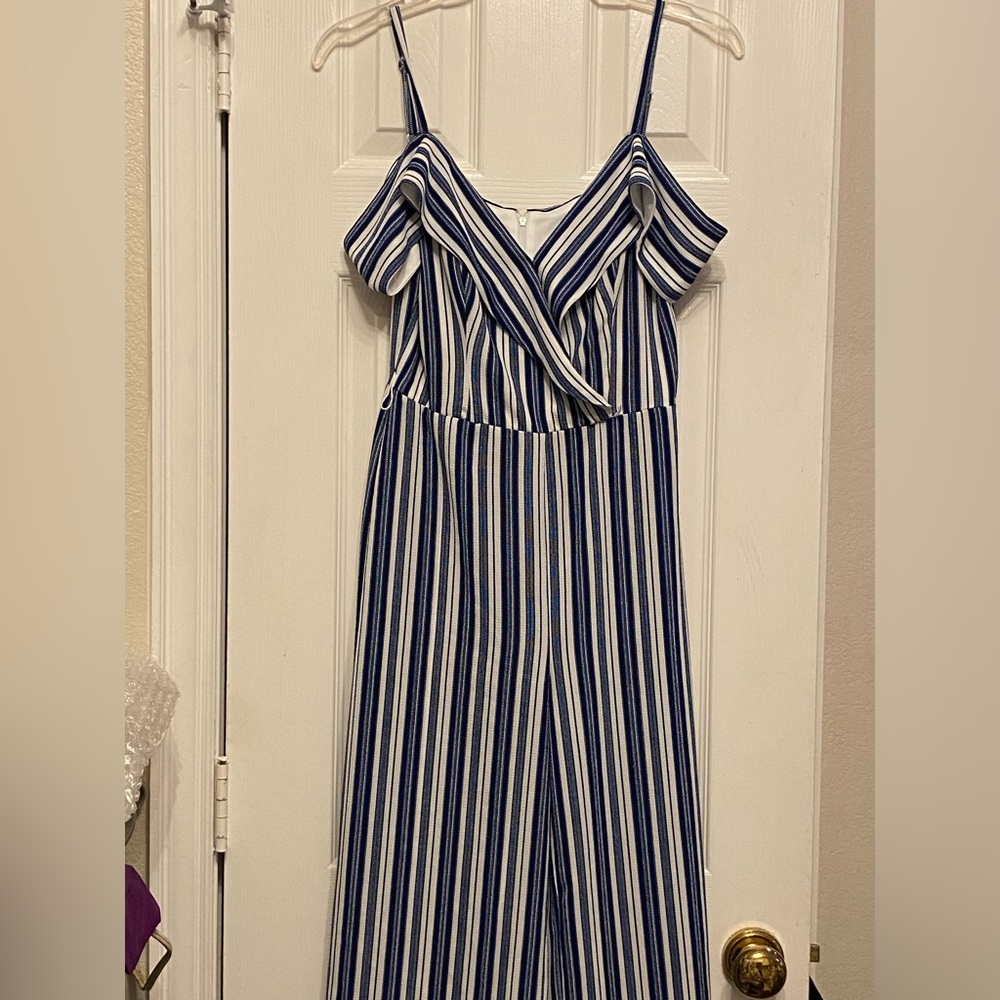By & By Brand Women’s Jr Long Jumper, sleeveless, with straps. Blue/White Stripe